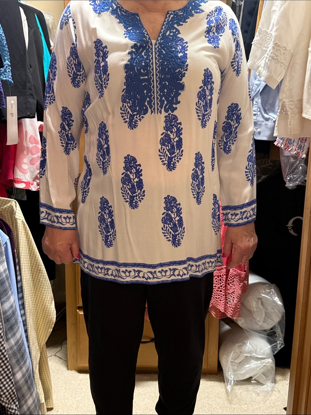 Women’s White Tunic Top with Blue Embroidery